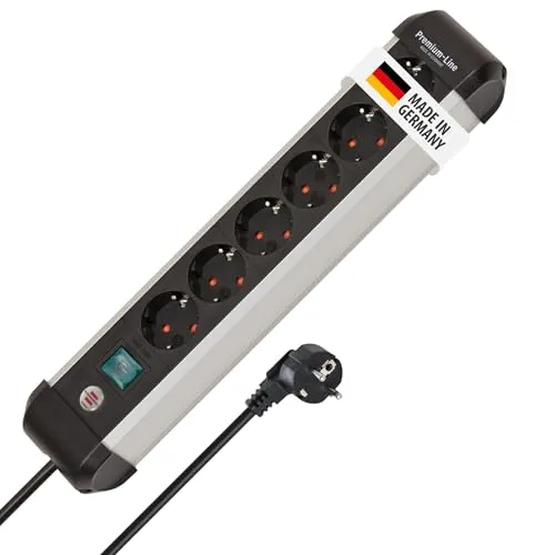 Brennenstuhl Premium-Alu-Line 6-Fach Steckdosenleiste mit Schalter - Hochwertige 6-fach Steckdosenleiste aus Aluminium, ideal für Zuhause und Büro. Mit 3 m Kabel, innovativem Befestigungskonzept und beleuchtetem Sicherheitsschalter für einfache Handhabung und erhöhte Sicherheit.