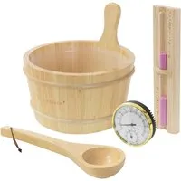 LuxeBath Saunazubehör-Set aus Holz – Eimer, Kelle, Thermo-Hygrometer & Sanduhr - 4-teiliges Saunazubehör-Set aus Kiefernholz für einen entspannten Saunagang. Mit Thermo-Hygrometer zur genauen Temperatur- und Feuchtigkeitsmessung und ergonomischer Holzkelle für optimalen Aufguss.