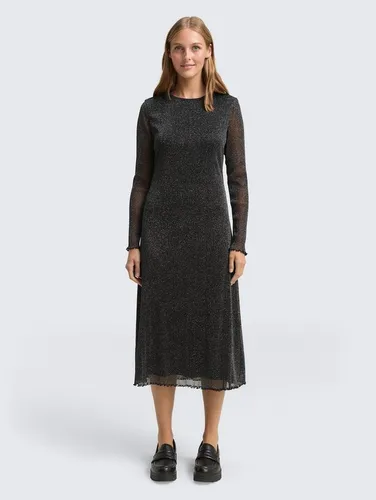 TOM TAILOR Denim Damen Midi-Meshkleid mit Glitzer-Effekt - Schwarz/Silber, XS - Stylisches Midi-Kleid mit funkelndem Glitzer-Effekt und gewellten Saumkanten. Ideal für besondere Anlässe und komfortabel zu tragen dank pflegeleichter Materialien.