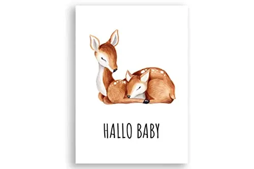 Friendly Fox Geburtskarte Rehkitz, 1x Karte zur Geburt, DIN A6 Klappkarte mit Umschlag, Hallo Baby, Glückwunsch Baby Junge Mädchen