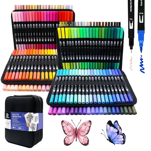 Artecho Dual Brush Pen Set 168 Farben mit Schwarzer Tragetasche, Filzstifte Dicke und Dünne, Pinselstifte set, Stifte für Bullet journal, Kalligraphie, Manga, Malbücher und Handlettering