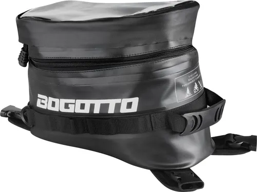 Bogotto Terreno wasserdichter Tankrucksack, schwarz - Motorradkoffer mit 500D PVC für hohe Wasserdichtigkeit, integriertes Kartenfach und sicheres Hauptfach mit Reißverschluss.