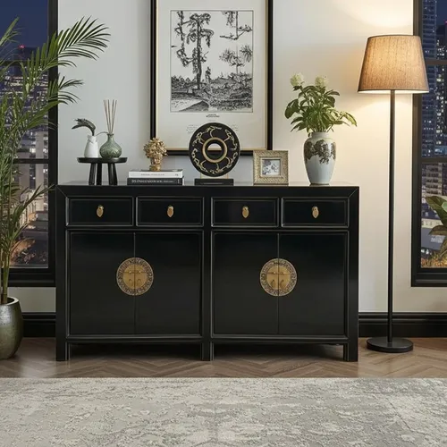 OPIUM OUTLET Asia Möbel Kommode Sideboard Hochzeitsschrank 31196 schwarz - Buffets im Landhaus-Stil, aus Holz mit vintage Aussehen. Ein einzigartiges Möbelstück, das orientalischen Charme versprüht und ein warmes Ambiente in Ihr Zuhause bringt.