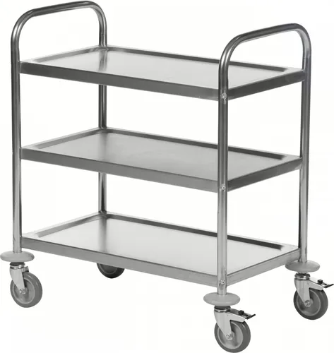 Kongamek Servierwagen KM60355 - Edelstahl, 3 Etagen, 100kg Tragkraft - Transportgeräte & Rampen - Robuster Servierwagen aus Edelstahl mit 3 Etagen, ideal für Gastronomie und Events. Hohe Tragkraft von 100kg und praktische Lenkrollen für einfache Mobilität.