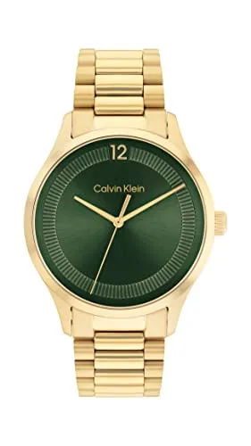 Calvin Klein CK Iconic Analog Quarzuhr für Männer und Frauen - Elegante Armbanduhr mit grünem Sonnenstrahlen-Zifferblatt und goldfarbenem Edelstahlarmband, wasserabweisend bis 3 bar – perfekt für jeden Anlass.