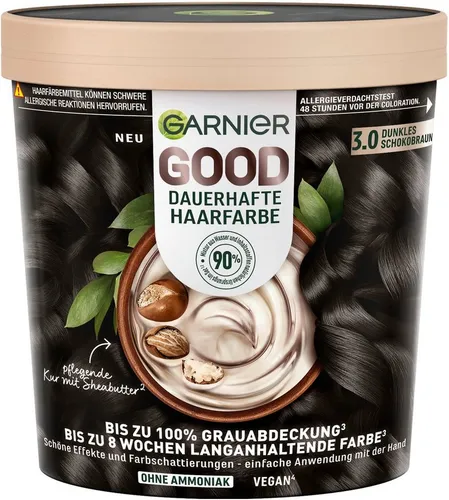 Garnier GOOD Dauerhafte Haarfarbe 3.0 Dunkles Schokobraun - Die Garnier GOOD Haarfarbe sorgt für bis zu 100% Grauabdeckung und langanhaltende Farbe. Mit veganer Formel und 90% natürlichen Inhaltsstoffen für ein angenehmes Färbeerlebnis.