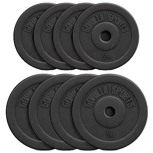 GORILLA SPORTS Hantelscheiben 1,25 - 30kg, Kunststoff - Hantelscheiben für Langhanteln mit 30mm Bohrung, ideal für effektives Krafttraining. Geräuscharm und bodenschonend - perfekt für Einsteiger und Fortgeschrittene.