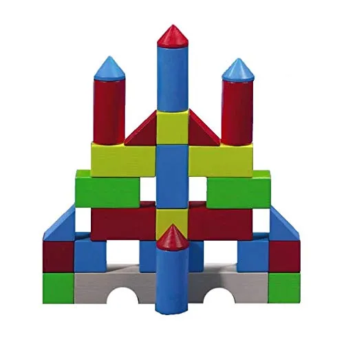 HABA Farbige Bausteine - Kreatives Stapelspielzeug - Sortier- & Stapelspielzeug, fördert die Fantasie und Feinmotorik mit 5 Farben und 6 Formen für kreatives Bauen ab 1 Jahr. Nachhaltiges Buchenholz aus Deutschland.