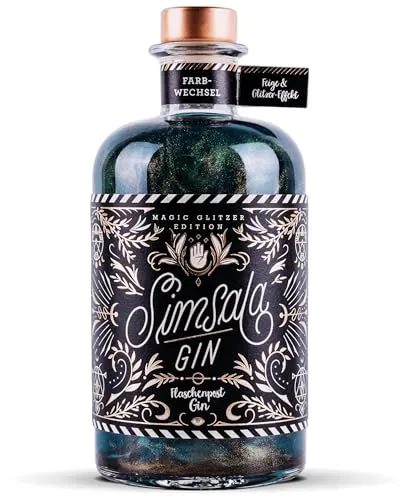 Simsala Gin mit Glitzer – Magischer Farbwechsel-Gin (0,5 l) - Gin mit einzigartigem Farbwechsel von blau zu lila und glitzerndem Effekt. Perfekt für magische Cocktails und als besonderes Geschenk. 100% vegan und glutenfrei.