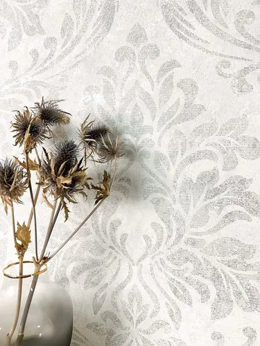 Newroom Vliestapete, Grau Tapete Vintage Ornamente - Metallic Hellgrau Silber Romantisch Glamour Struktur Glanz für Schlafzimmer Wohnzimmer Küche