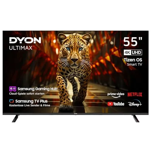 DYON ULTIMAX 55U-TI - 55 Zoll 4K Ultra-HD Smart TV - Fernseher mit 55 Zoll (139 cm) Bildschirmdiagonale, Tizen OS und Triple Tuner für grenzenloses Entertainment - erlebe gestochen scharfe Bilder und intuitive Navigation.