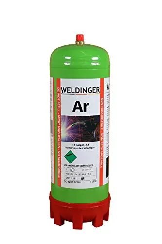 WELDINGER Argon 4.6 Schutzgas-Einwegflasche 2 Liter - Schweiß-Zubehör: 220 Liter reines Argon für WIG und MIG-Schweißen, ideal für Edelstahl und Aluminium, bietet bis zu 36 Minuten Schweißzeit.