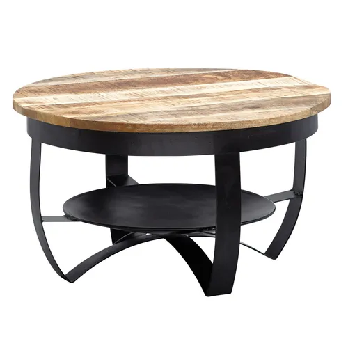 FINEBUY Couchtisch FB63625 (60x34x60 cm Mango Massivholz Metall Schwarz Rund), Sofatisch mit Stauraum, Wohnzimmertisch Industrial
