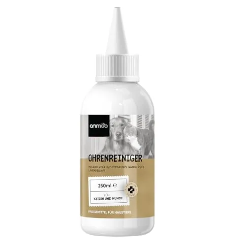animigo Ohrreiniger für Hunde & Katzen - 250ml Ohrentropfen - Teebaumöl, Lavendelöl, Salicylsäure, Hamamelis Extrakt & Aloe Vera - Für Ohrenpflege - Dog and cat