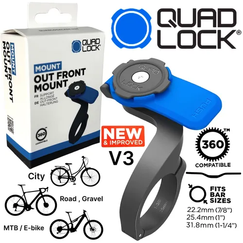 QUAD LOCK Out Front Lenker Handyhalterung (V3) für Smartphones - Sichere Handyhalterung für Fahrräder mit patentiertem Dual-Stage-Lock-System. Ideal für Rennrad und Mountainbike, einfaches Quick Twist & Lock für schnellen Zugriff auf Apps und Anrufe.