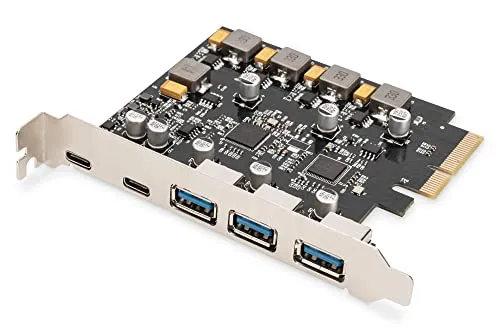 Digitus DS-30222 5 Port PCI-Express Karte PCIe - USB-Controller zur Erweiterung Ihres PCs mit 2x USB-C und 3x USB A Ports, ideal für den Anschluss von Festplatten, Maus, Tastatur und mehr.