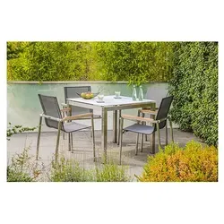 Gartenmöbel-Set Sydney 3, 5-teilig, Edelstahl, Tisch quadratisch, Stapelstühle, Textilene, Teakholz, grau, für Terrasse und Wintergarten