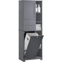 SoBuy Hochschrank BZR104 mit Wäschesack - Hochschrank für Badezimmer mit 6 variablen Einlegeböden und Pflegeleichter Oberfläche, ideal für optimale Raumausnutzung und Ordnung.
