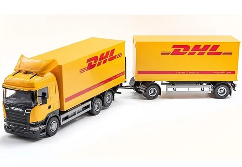 Emek 89549 - Scania DHL Verteiler Lkw mit Hänger - Detailgetreuer 1:25 Modell-Lkw von Scania, ideal für Sammler und Spielzeugliebhaber, inklusive Originalverpackung.