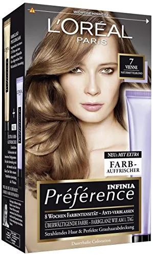 L'Oréal Paris Permanente Haarfarbe, Haarfärbeset mit Coloration und Farbglanz-Pflegebalsam, Préférence, 7 Natur Mittelblond (Vienna)