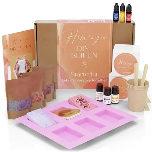 Hiwaga DIY Seifen selber machen Set für Erwachsene, Starterkit für kreative Seifenherstellung, Seife selber machen Set Erwachsene, Komplettset inkl. Rohseifen, Farben, Duftöle und Silikonform