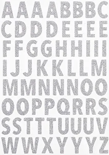 HobbyFun Glitzer Sticker Buchstaben 64 Stk Aufkleber Kunststoff Höhe 1.5 cm selbstklebend ganzjährig ideal für Bastelprojekte und Dekoration Silber