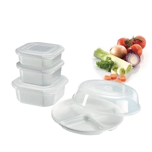 Westmark Mikrowellen-Geschirr, Set 5-tlg.: 3 Dosen inkl. Deckeln, 1 Menüteller, 1 Abdeckhaube, Kunststoff, Farbe: Weiß/Transparent, 22032260