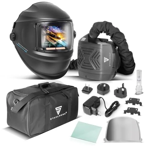 STAHLWERK Automatik Schweißhelm BOOSTER AIR mit Frischluftsystem - Hochwertiger Schweißhelm mit TH3 Atemschutzsystem und True View Technologie. Ideal für Schweißen, Plasmaschneiden und Schleifen. Hohe Filtereffizienz und lange Betriebsdauer sorgen für Sicherheit und Komfort.