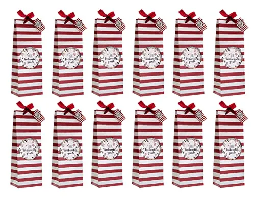 Flaschentüte in rot weiß - 12er Set - mit Namenskarte und breitem Trageband - Geschenktasche Weihnachten Nikolaus für Wein Sekt Punsch
