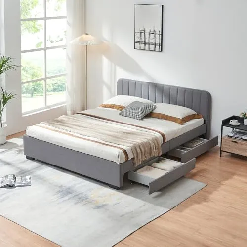 [en.casa] Polsterbett Nofrenna mit 4 Schubladen - Elegantes Stauraumbett 140 x 200 cm mit grauem Leinenbezug, bietet nicht nur stilvolle Optik, sondern auch praktischen Stauraum und hohen Schlafkomfort.
