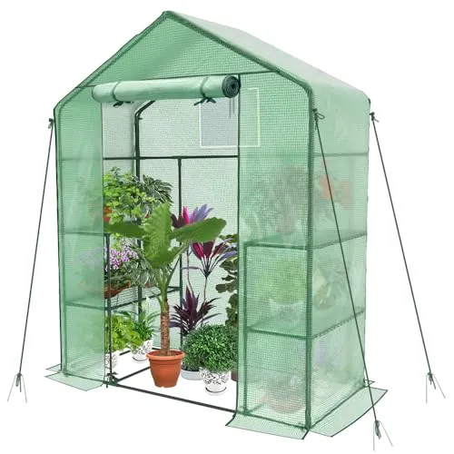 VOUNOT® Gewächshaus Foliengewächshaus, begehbares Gartenhäuschen mit 4 Regalebenen, Tomatenhaus Tomatengewächshaus, Grün 143x73x195cm