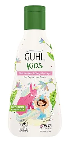 Guhl Kids 3 in 1 Shampoo, Spülung & Duschgel - Inhalt: 250 ml - Speziell für Kinder entwickelt - Kein Ziepen - Kindgerechtes Design - Cosmos Natural zertifiziert