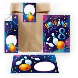 JUNAPACK Einladungskarten Bowling zum 8. Geburtstag Einladungen Karten mit Umschlägen Mitgebsel, Mitbringsel Set Bowling für Kinder zum achten Geburtstag Gastgeschenke