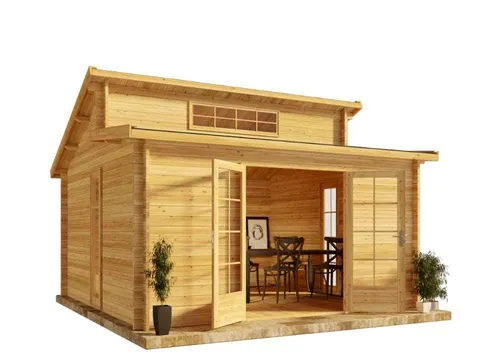 Alpholz Gartenhaus Lausitz ISO, 440x440 cm - Robustes Blockbohlenhaus - Gartenhäuser aus nordischer Fichte, mit 3 bodentiefen Fenstern und Pultdach für optimale Lichtverhältnisse und Langlebigkeit.