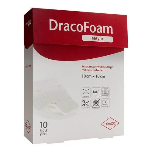 Dracofoam easyfix Schaumstoff Wundauflage 10x10 cm - Verband 10 St - Arzneimittel mit hoher Saugfähigkeit, ideal für die Wundversorgung und sorgt für eine sanfte Polsterung.