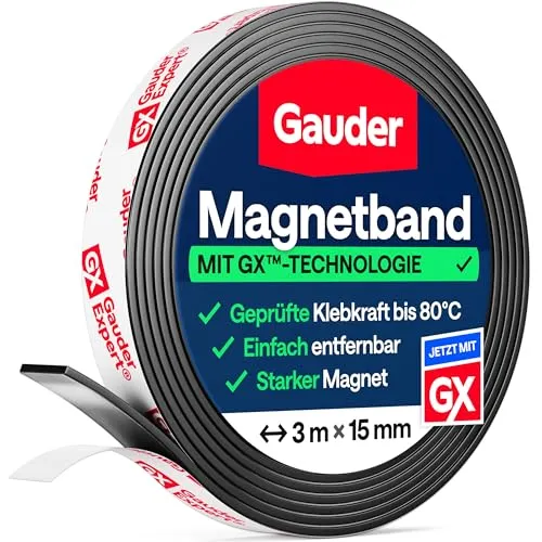 GAUDER Magnetband selbstklebend stark - Magnetstreifen selbstklebend stark - Magnetklebeband zuschneidbar mit optimaler Haftkraft - Klebemagnete mit hoher Magnetkraft - Magnet Klebeband (3 m x 15 mm)