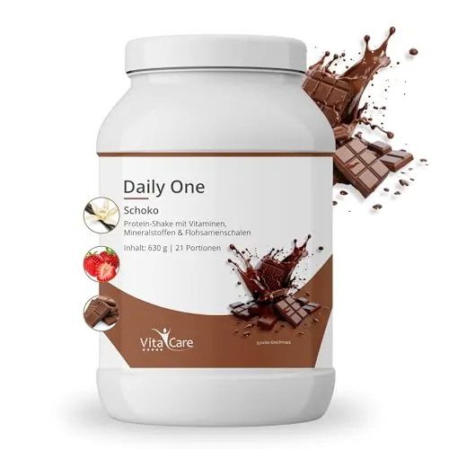VitaCare Daily One Protein-Shake Schokolade, 630gr Whey Protein-Pulver mit Flohsamenschalen-Pulver, proteinreiches Fitness Nahrungsergänzungsmittel
