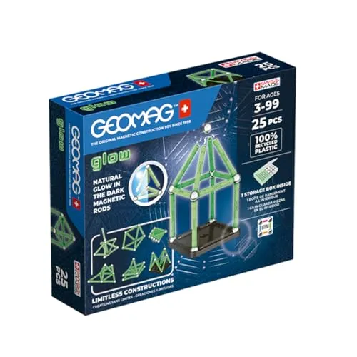 Geomag, Glow Recycled, Magnetische Konstruktionen mit Leuchteffekt, Magnetstäbe, die im Dunkeln Leuchten, 25-teilige Packung, 100% Recycling-Kunststoff