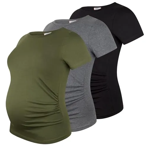 M.M.C. Umstandsshirt 3er Set unifarben Umstandsmode Schwangerschaft Schwangerschaftsshirt, Kurzarm (Schwarz, Dunkelgrau, Khaki, L)