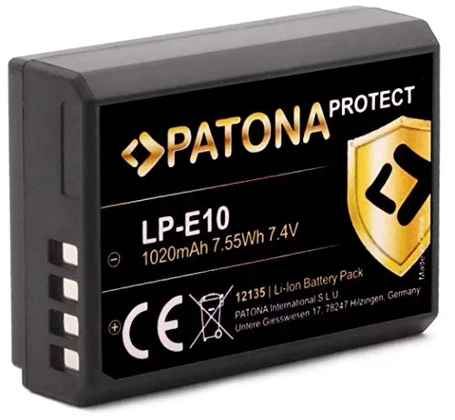 PATONA LP-E10 Protect Akku 1020mAh Ersatzakku kompatibel mit Canon EOS 1100D 1200D 1300D 2000D 4000D Rebel T3 T5 T6 T9 EOS Kiss X50 X70 X80 1D X Mark 1D X Mark II EOS2000d LP E10 LPE10