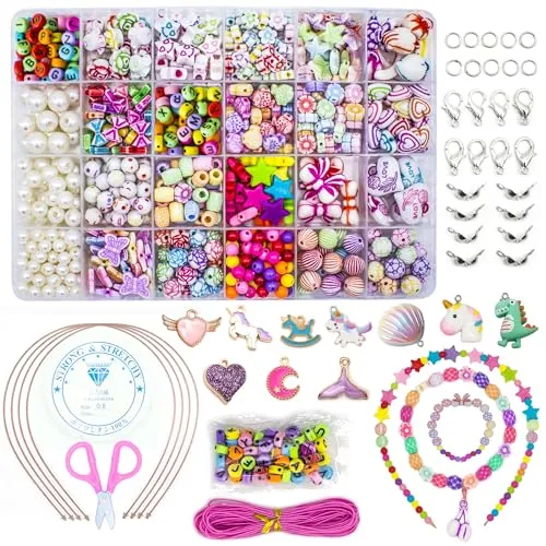 WONDERFORU Perlen zum Auffädeln - DIY Schmuckset für Kinder - Schmuckbastelset für Kinder mit 24 bunten Perlen und elastischer Schnur, ideal für kreative Freundschaftsarmbänder und Halsketten. Fördert die Hand-Augen-Koordination und macht Spaß bei der Eltern-Kind-Interaktion.