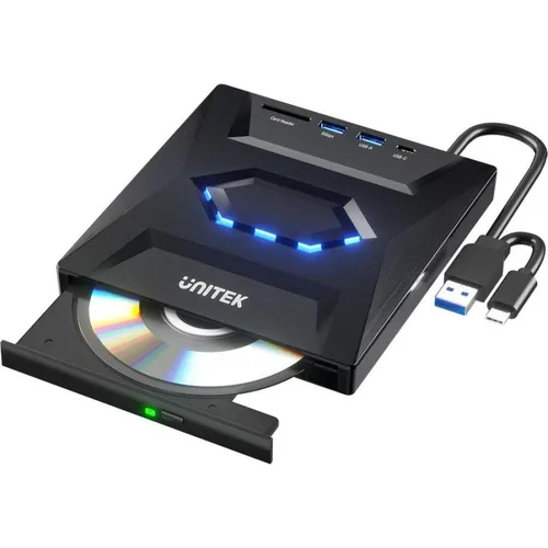 Unitek Externes DVD/CD-Laufwerk mit USB-Hub und SD-Kartenleser (T1037A01) - Praktisches externes DVD/CD-Laufwerk mit 5Gbps USB-Hub und SD-Kartenleser. Ideal für schnellen Zugriff und vielseitige Nutzung, perfekt für jeden Computer.