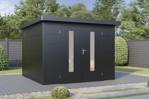Finnhaus Wolff Metall-Gerätehaus Eirik 3030 Anthrazit - Gerätehaus aus Metall in eleganter anthrazitfarbener Optik, rostfreies Stahlblech und Anti-Tropf-Vlies für langanhaltende Nutzung und Feuchtigkeitschutz.