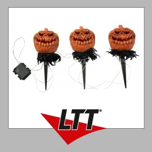 EUROPALMS Halloween Kürbisse mit Erdspieß, 3er-Set, 39cm - Figuren für Halloween-Dekoration, inklusive stabilen Erdspießen für sicheren Halt im Freien.