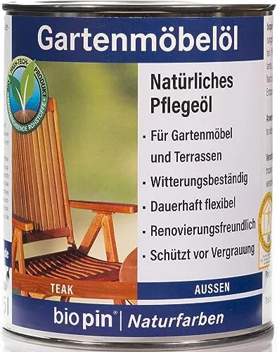 biopin Gartenmöbelöl 0,75 L - Teak 08011 - Holzöle für Gartenmöbel, feuchtigkeitsregulierend und wasserfest, ideal für langlebigen Schutz und einfache Nachpflege.