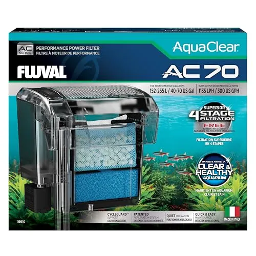Fluval AquaClear AC70 Hochleistungsfilter - Aquarienfilter für 152–265 l, bietet 4-stufige Filterung für hervorragende Wasserqualität und erhält das biologische Gleichgewicht durch CycleGuard für gesunde Aquarien.