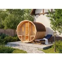FinnTherm Fass-Sauna Sam, unbehandelt, ohne Ofen, 2,80 x 2,19 m - Gartensauna aus robustem Fichtenholz mit 40 mm Wandstärke, bietet hohe Wind- und Regendichtigkeit sowie inklusive Montagematerial für einfache Installation.