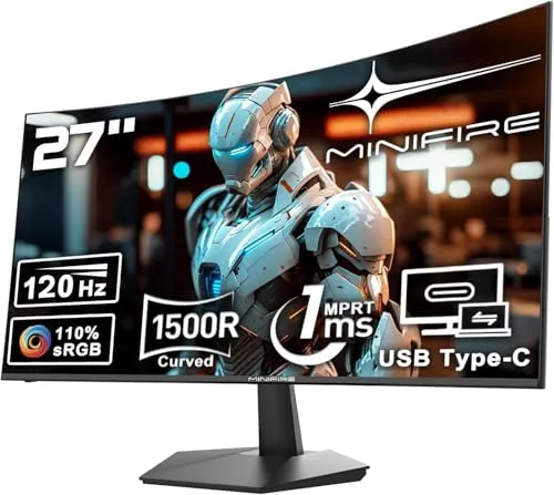 Minifire Curved Monitor 27 Zoll 100Hz - 27 Zoll Curved Monitor mit 100 Hz Bildwiederholfrequenz und 1ms MPRT, ideal für Gaming und Büroarbeiten, mit Blaulichtreduzierung zum Schutz der Augen.