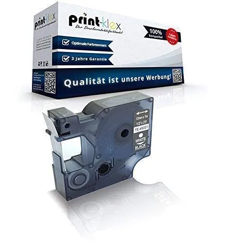 Print-Klex Schriftband kompatibel für Dymo D1 45021 Labelmanager 200 Labelmanager 210 D Labelmanager 220 P Labelmanager 260 P S0720610 12mmx7m Weiss auf Schwarz - Office Print Serie