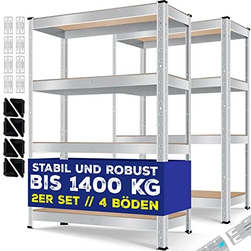 MASKO® 2er-Set Schwerlastregal für Lager und Werkstatt - Hochwertiges Metallregal mit bis zu 875 kg Belastbarkeit und 5 verstellbaren Ablagen – ideal für Keller, Garage und Werkstatt, sorgt für optimale Ordnung.